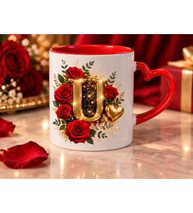AION CASA U Harfli Kırmızı Gül Desenli Kalp Kulplu Kupa Bardak 325 ml
