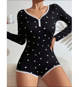 Fantezia Night Kadın Siyah Kalp Desenli Pijama Tulumu 5122