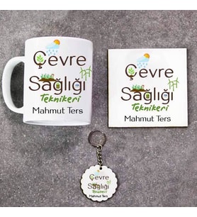 Çevre Sağlığı Teknikeri Kupa Bardak Altlık ve Anahtarlık Hediye Seti (Model 1)