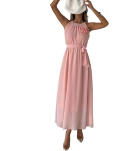 Halter Yaka Çiçek Broşlu Şifon Midi Boy Elbise (Pudra)