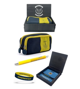 Fenerbahçe Orijinal Kalemlik & Uçlu Kalem & Bileklik Set Hediyelik Ahşap Kutulu (Sarı-Lacivert)