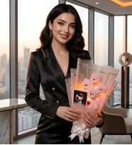 Kişiye Özel Fotoğraflı & LED Işıklı Peluş Jumbo 4'lü Pembe Ayıcık Buketi – Kıza, Sevgiliye Hediye