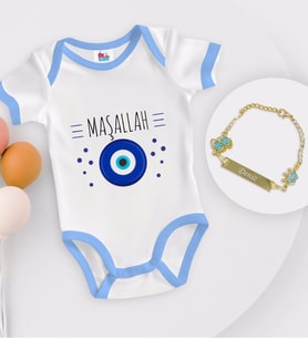 BK Kids Kişiye Özel Maşallah Tasarımlı Mavi Bebek Body Zıbın ve Erkek Bebek Künyesi Hediye Seti-1