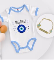 BK Kids Kişiye Özel Maşallah Tasarımlı Mavi Bebek Body Zıbın ve Erkek Bebek Künyesi Hediye Seti-1