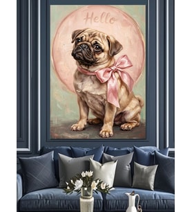 Pembe Hello Yazılı Pug Köpeği Dekoratif Kanvas - Mdf Ahşap Tablo
