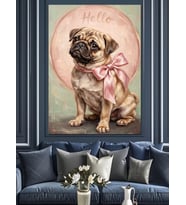 Pembe Hello Yazılı Pug Köpeği Dekoratif Kanvas - Mdf Ahşap Tablo