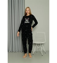 Akbeniz Merry Christmas Welsoft Polar Kadın Pijama Takımı 8514 (Siyah)