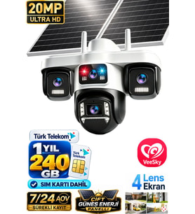 Trio-479 4G SIM Kartlı Solar Güvenlik Kamerası 1 Yıl 240 GB Dahil 4 Kameralı Çift Panel Gece Görüşlü