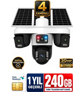 Trio 4 Kameralı 20MP 4G 240GB Sim Kart Dahil Güvenlik Kamerası Çift Solar Panelli Güneş Enerjili