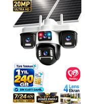 Trio-479 4G SIM Kartlı Solar Güvenlik Kamerası 1 Yıl 240 GB Dahil 4 Kameralı Çift Panel Gece Görüşlü