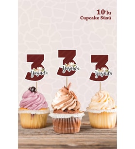 Safari Hayvanları Pastel 3 Yaşında CUPCAKE Süsü *10'lu Kalın Kağıt