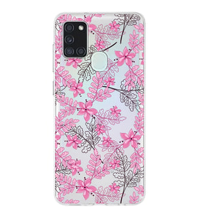 Samsung Galaxy A21s Uyumlu Kapak Floral Pembe Tasarımlı Şeffaf Silikon Kılıf