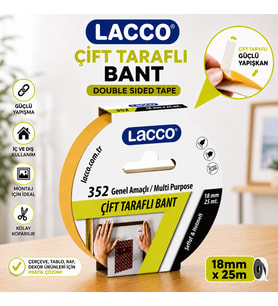 Lacco Çift Taraflı Bant 18 mm x 25 m Güçlü Yapışkanlı Montaj Bandı Çok Amaçlı Beyaz 1 Adet