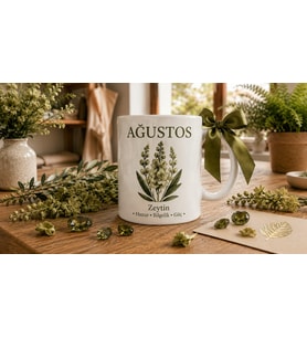 Ağustos Ayına Özel Zeytin Çiçeği ve Dalı Tasarımlı Porselen Kupa Bardak