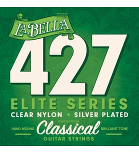La Bella 427 Elite Klasik Gitar Teli Seti (Orta Seviye - Gitar Aksesuarı)  Gümüş Kaplama Baslar, Şeffaf Naylon Tizler, Yumuşak ve Tatlı Ses İmzası  Ölçüler: 4/4 Standart Klasik Gitar