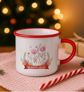 BK Gift Kişiye Özel Çiçek Tasarımlı Kırmızı Emaye Kupa Bardak -16, Arkadaşa Hediye, Sevgiliye Hediye