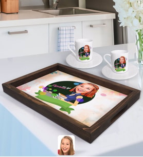 BK Gift Kişiye Özel Kadın En İyi Öğretmen Karikatürlü Doğal Ahşap Tepsi ve 2’li Kahve Fincan Seti-2