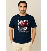 Erkek - Kadın %100 Pamuk Hope Gül Desenli Baskılı Yarım Kollu Bisiklet Yaka T-Shirt (Lacivert)