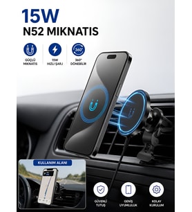 FHD-14 360° Wireless Kablosuz 15W Şarj Mıknatıslı Havalandırma İçin Araç İçi Telefon Tutucu