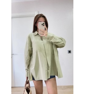 Oversize Pens Detaylı Cepli Yırtmaçlı Rahat Kalıp Poplin Gömlek - Yeşil