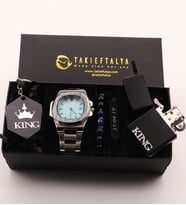 Kişiye Özel Premium Çelik Erkek Kol Saati Paslanmaz Çelik, Bileklik, Anahtarlık, Özel Kutulu (Gri-A.Mavı)