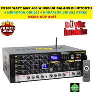 2X100 WATT MAX 400 W USB/UK BALANS BLUETOOTH 4 MİKROFON GİRİŞ 4 HOPARLÖR ÇIKIŞ STREO MIXER KÜP ANFİ