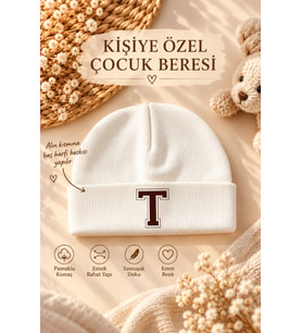 Kişiye Özel İsimli Çocuk Beresi Kahverengi/Krem Pamuklu Esnek Bebek ve Çocuk Şapkası