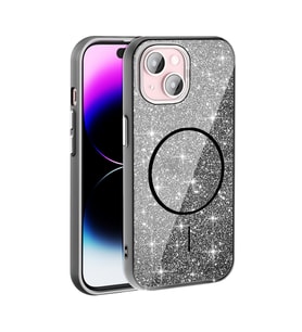 Apple iPhone 15 Uyumlu Kılıf M-safe Şarj Özellikli Parlayan Simli Zore Okso Kapak (Siyah)