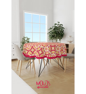 Bordo Sarı Süsleme İslamik Desenli Süet Kumaş Dertsiz Yuvarlak Masa Örtüsü