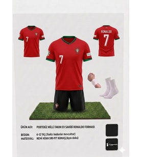 Portekiz Cristiano Ronaldo Kırmızı-Siyah Çocuk Forması Takımı 4 Parça Çorap Bileklik Hediye