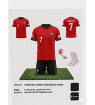 Portekiz Cristiano Ronaldo Kırmızı-Siyah Çocuk Forması Takımı 4 Parça Çorap Bileklik Hediye