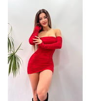 Kırmızı Omuz Dekolteli Strplez Uzun Kollu Büzgülü Mini Elbise