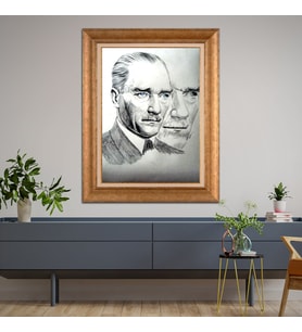 Altın Varaklı Çerçeveli Paspartulu Atatürk Tablo TR0939 (Gold)