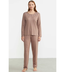Sıfır Yaka Düğmeli Pijama Takım - Koyu Vizon