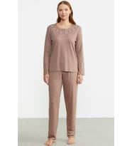 Sıfır Yaka Düğmeli Pijama Takım - Koyu Vizon