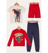 4'lü Süpermen Baskılı Tshirt Şort Pantolon Takım (Kırmızı)