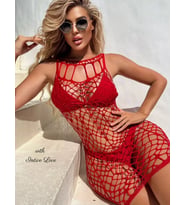 Intive Geniş File Kırmızı Uzun Kollu Mini Çorap Elbise/Babydoll/Pareo