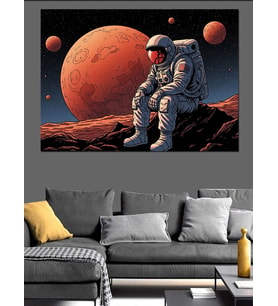 Uzayda Oturan Düşünceli Astronot Figürü Dekoratif Kanvas - Mdf Ahşap Tablo