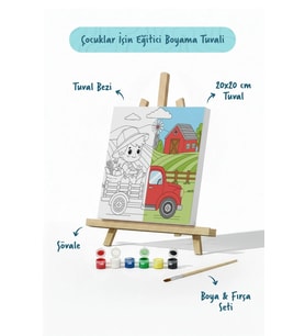 Çiftlik ve Kamyon Temalı Çocuk Boyama Tuvali – Şövaleli Eğitici Boyama Seti 20x20 cm