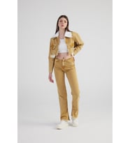 Mermer Desenli Kırçıl Detaylı Straight Kesim Paça Yırtmaçlı Rusted Jean Pantolon Camel