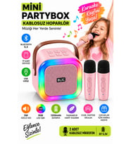 Blic BLS-97 Pembe Partybox Çift Kablosuz Mikrofonlu RGB LED Işıklı Taşınabilir Bluetooth Hoparlör