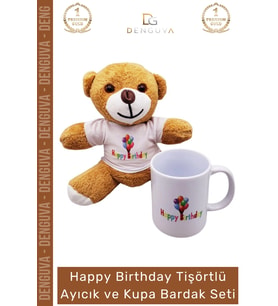 #AyıcıkSeti Happy Birthday Baskılı Tişörtlü Peluş Kahverengi Porselen Hediye Ayıcık Kupa Bardak Seti