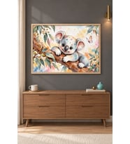 Renkli Yapraklarda Koala Kelebek Ahşap Çerçeveli Duvar Tablosu