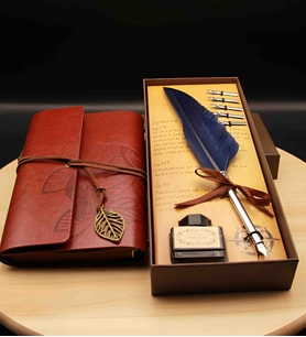 Divit Hokka Seti ve Nostaljik Deri Kapaklı Defter – El Yapımı Kaligrafi Yazı Takımı, Vintage Tüylü Dolma Kalem, Mürekkep ve Retro Tasarım Günlük – Özel Hediye Seti