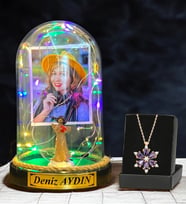 Kişiye Özel Renkli Led Işıklı Fanus ve Gerçek Ametist Taşlı Lotus Kolye (Model 5)