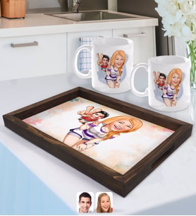 BK Gift Kişiye Özel Sevgililer Karikatürlü Doğal Ahşap Tepsi ve 2’li Kupa Bardak Seti-30