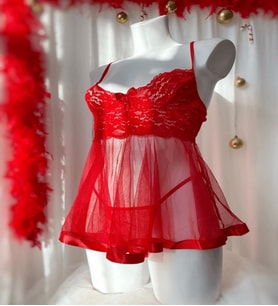 Dantel Detaylı Tül Babydoll Takım (Kırmızı)