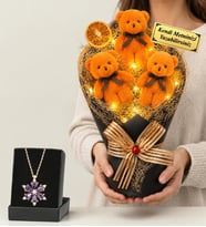 Kişiye Özel Led Işıklı Büyük Boy Turuncu Peluş Ayıcık Buketi ve Gerçek Ametist Taşlı Lotus Kolye