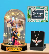 Premium Set - Kişiye Özel Led Işıklı Fanus ve Renkli Zümrüdü Anka Kuşu Kolyesi (Model 8)