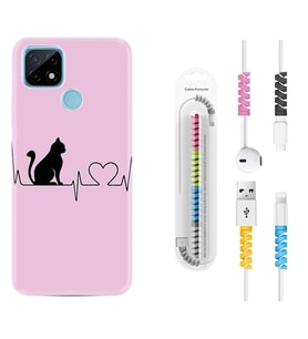 Realme C11 C21 C21Y C25Y C11 2021 Kılıf Kablo Koruma Spiral Silikon Pink Cat Heart 1303